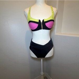 Neon colorblock zipper bikini top Y2K